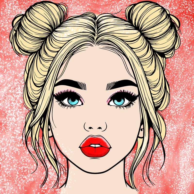 realistic girl with two buns on her hair and lips