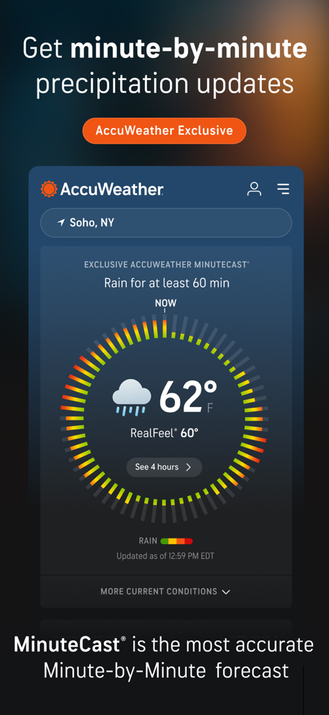AccuWeather MinuteCast app screen showing minute by minute precipitation updates and current temperature