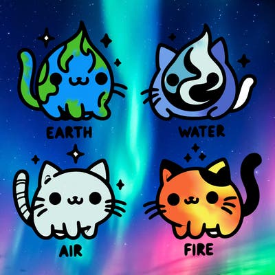 4 cats that represent the different elements, earth, water, air, and fire