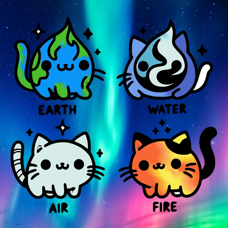 4 cats that represent the different elements, earth, water, air, and fire