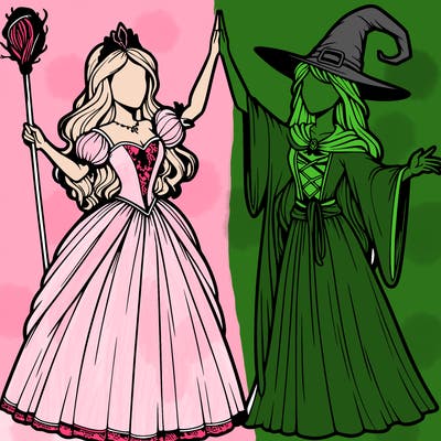 detailed realistic split of a princess and a witch