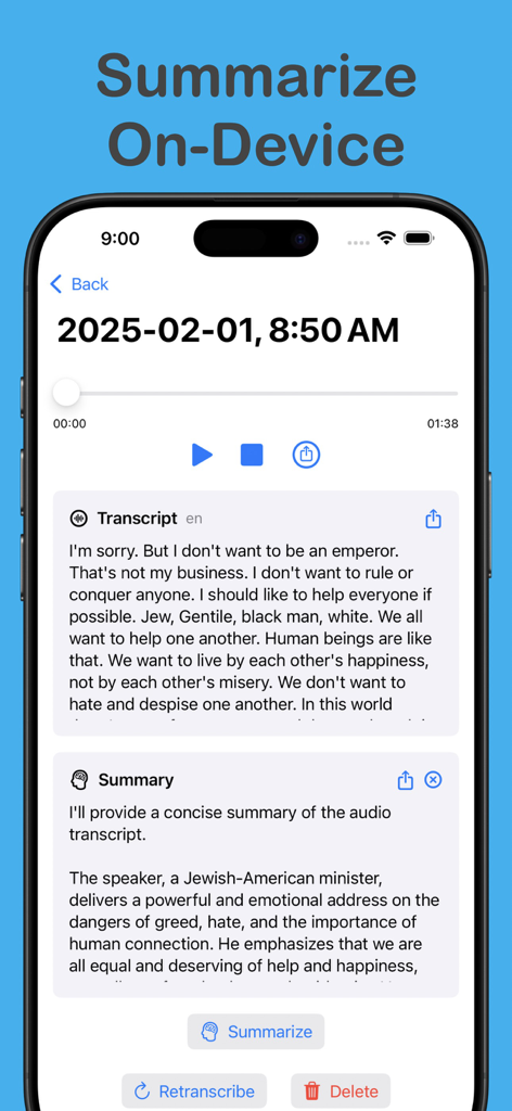 Stenographer - Ein iPhone-Bildschirm, der die Stenograf-App mit einer vollständigen Texttranskription und einer KI-generierten Zusammenfassung anzeigt, die vollständig auf dem Gerät verarbeitet wurde.