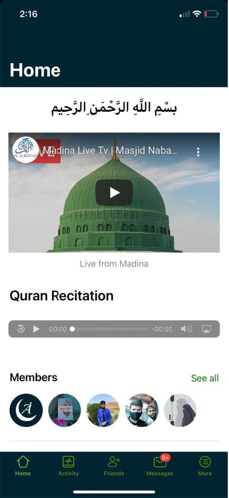 Alfafaa Community - Home screen of the Alfafaa Community app featuring a Madina live stream and Quran recitation
