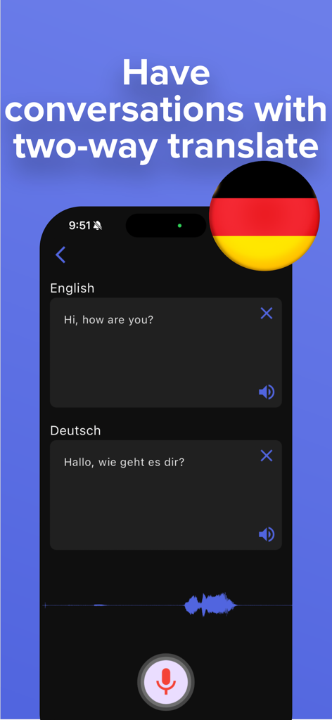 Translate AI - Live Translator - Interface mostrando tradução bidirecional em tempo real entre inglês e alemão no aplicativo Translate AI.