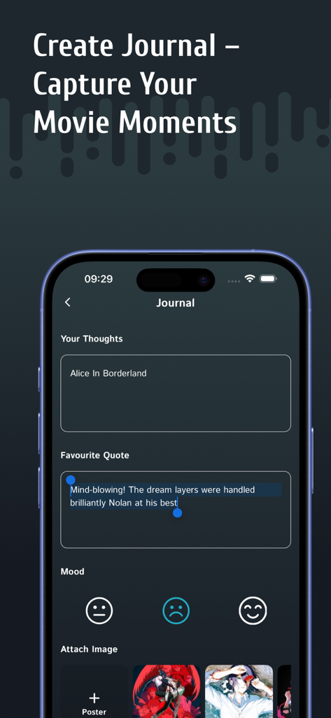 A screenshot of the Neat Bill app showing the interface for creating a personal movie journal entry with thoughts and quotes.