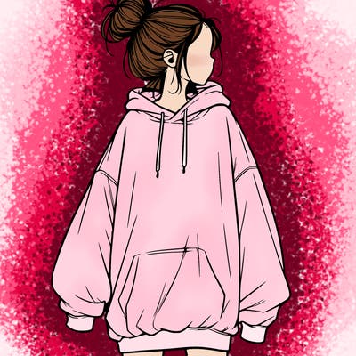 realistic girl with a oversized sweatshirt on and a bun