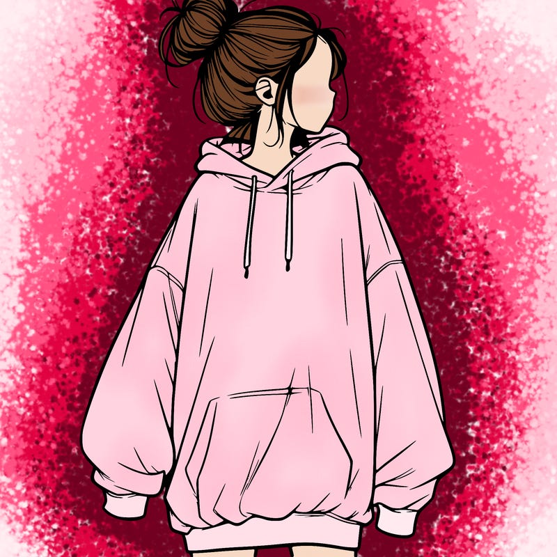 realistic girl with a oversized sweatshirt on and a bun