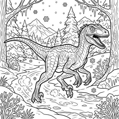 Embark on an epic prehistoric adventure with this dynamic Velociraptor coloring page. Capture the thrill of a speedy dinosaur amidst a serene, snowy winter wonderland, perfect for all ages.