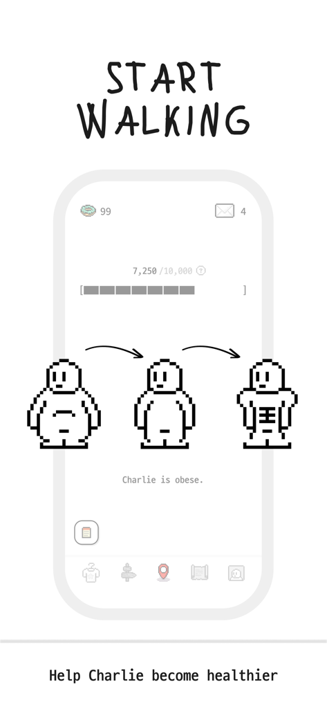 A pixelated character named Charlie evolving from obese to fit based on daily walking steps
