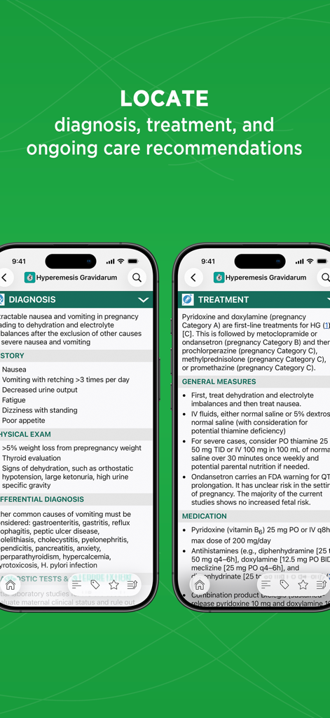 Interface móvel do aplicativo 5 Minute Clinical Consult mostrando recomendações de diagnóstico e tratamento clínico para Hiperêmese Gravídica