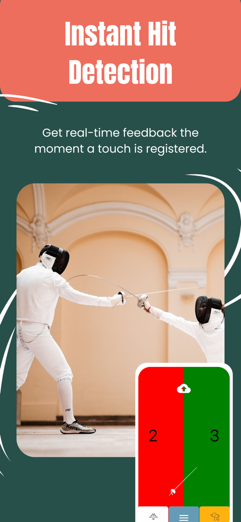 Calibur - Two fencers during a bout with a mobile interface showing instant hit detection and scores