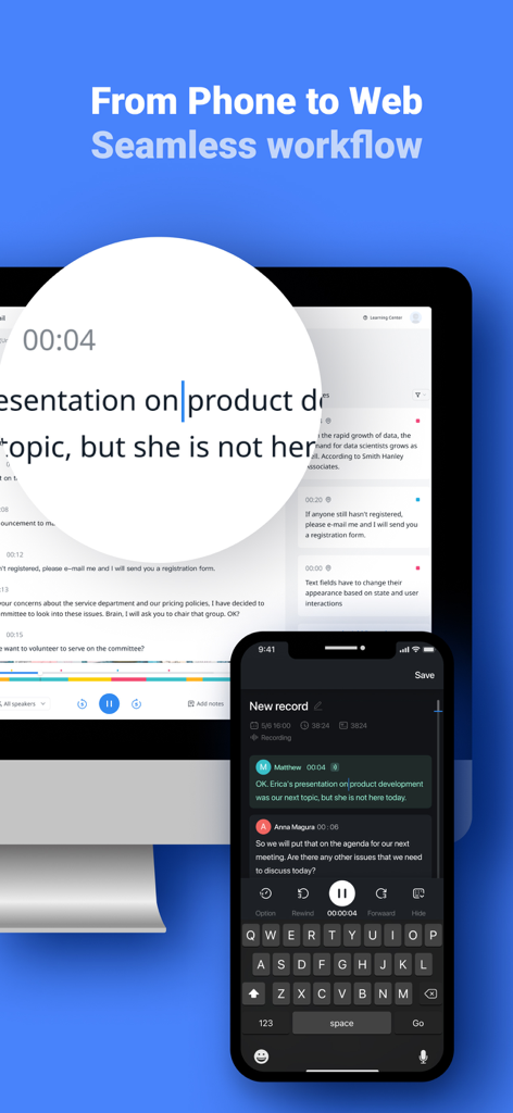 Notta mobile and web app interface demonstrating seamless transcription synchronization