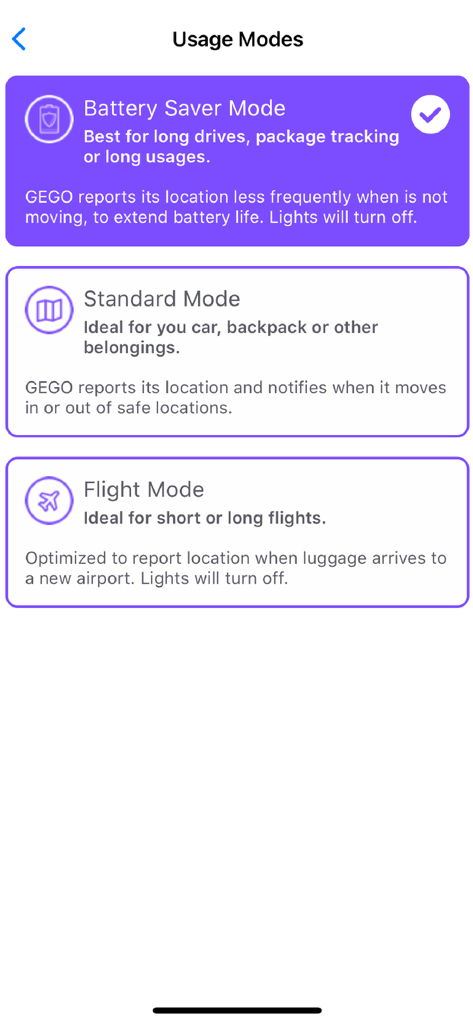 Interface do aplicativo GEGO mostrando modos de uso, incluindo Economia de Bateria, Padrão e Modo de Voo.