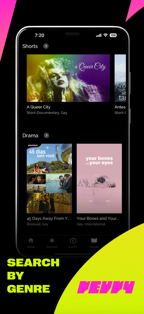 Revry - Revry mobile app interface showing LGBTQ+ content categorized by genres like shorts and drama.