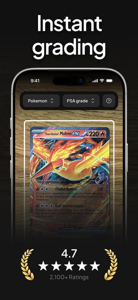 Card Grader Pro app interface scanning a Pokemon card for instant AI condition grading