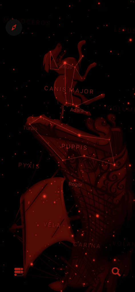 Red themed star map interface of the Starlight app showing Canis Major and Puppis constellations