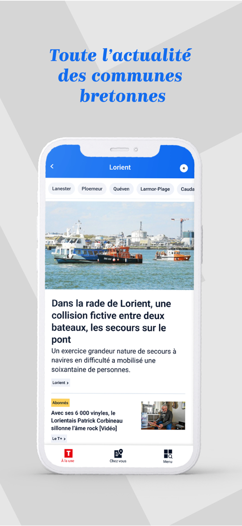 Le Télégramme - Info Bretagne - Mobile app interface of Le Télégramme showing local news from Lorient in Brittany.