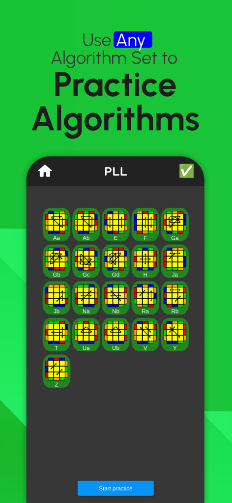 Interface of the CubeHub app showing a collection of PLL algorithms with 3D cube diagrams for speedcubing practice.