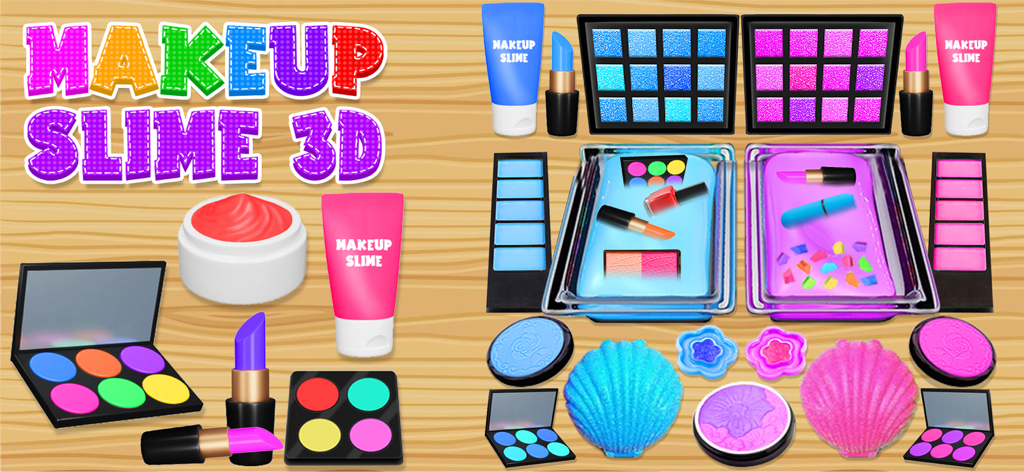 ASMR Makeup Slime Games Fun 3D - Uma exibição colorida de kits de maquilhagem virtuais e recipientes de slime para misturar e brincar com ASMR.