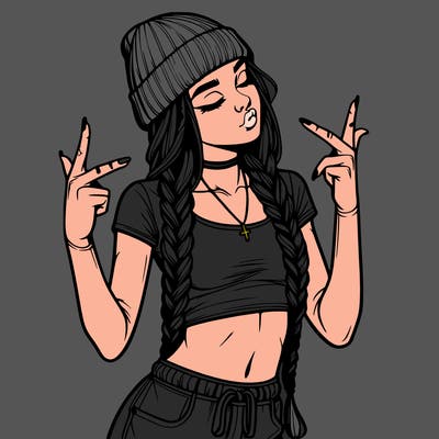 realistic teenage girl with braids and a beanie and crop top doing 🫶🏼