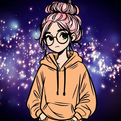 teen girl with a messy bun and glasses wearing a loose hoodie and jeans