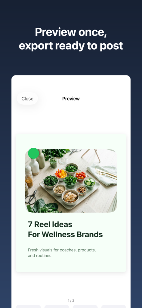 Carousel: AI Posts for Insta - Eine Vorschau eines Social-Media-Karussell-Posts über Wellness-Reel-Ideen innerhalb der Carousel-App