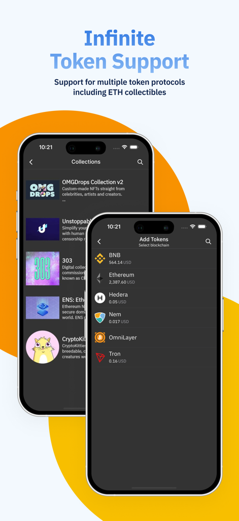 Coinomi Wallet - Coinomi Wallet app screens showing NFT collections and a list of supported blockchains like Ethereum and BNB.
