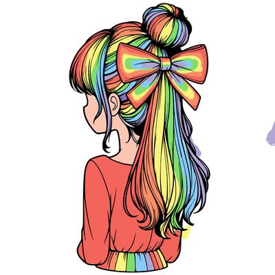 realistic girl  with hip length hair a bun and a big bow on the back of head