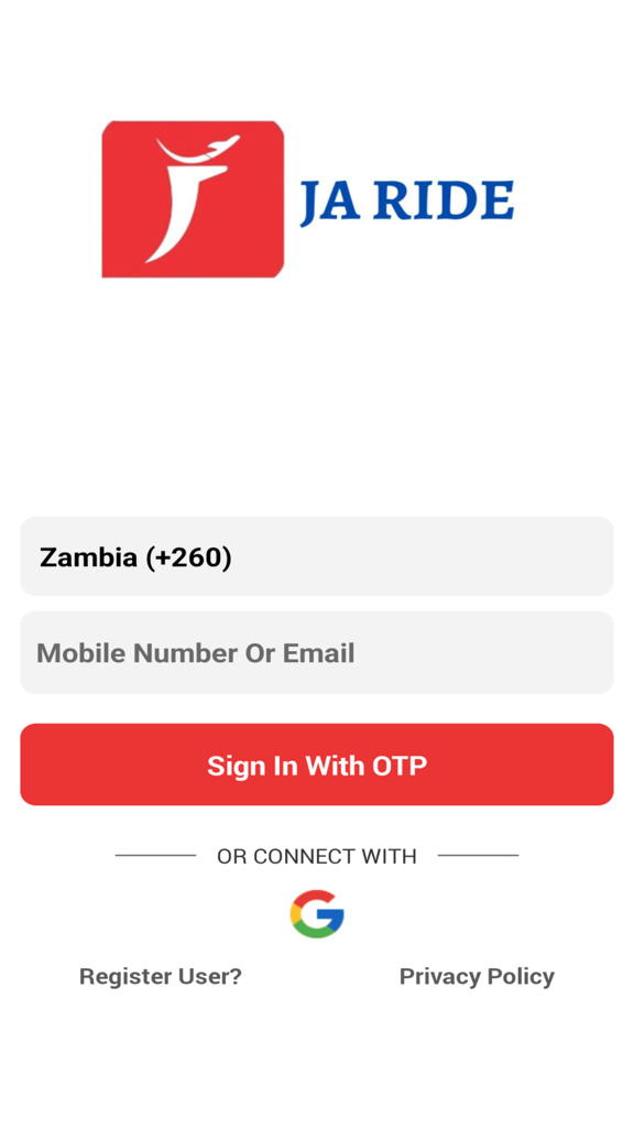 Ja Ride - Pantalla de inicio de sesión de la aplicación móvil Ja Ride con opciones de inicio de sesión y registro