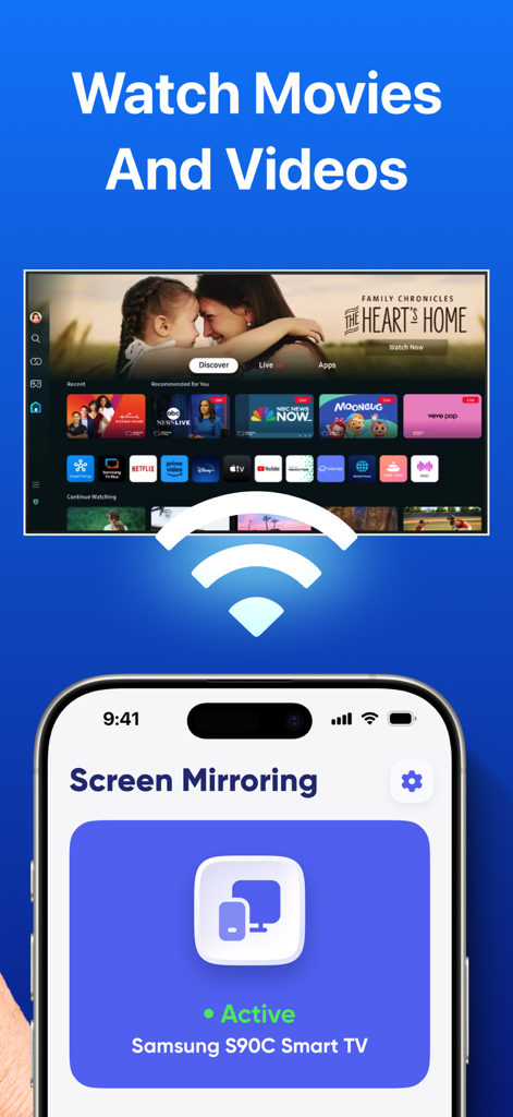 Interfaccia di mirroring dello schermo dell'iPhone che mostra una connessione attiva con una TV Samsung per la visione di film e video