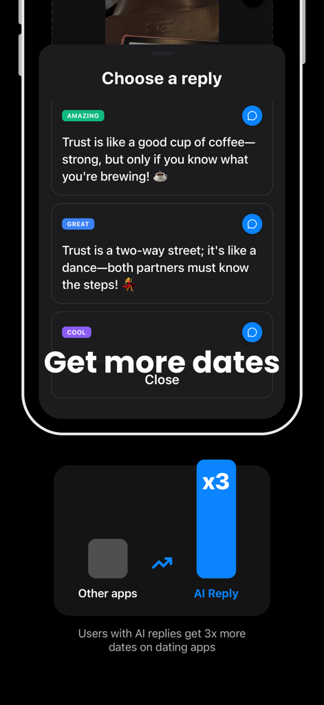 Ai Rizz Plug Reply - interface of ai rizz plug app showing smart reply suggestions and dating success statistics