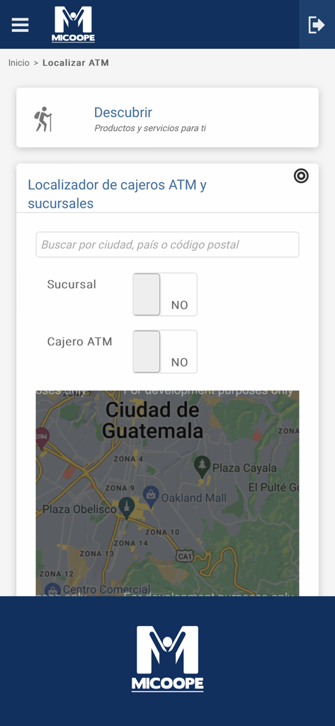 Micoope en Linea - Pantalla de localizador de cajeros automáticos y sucursales en la aplicación Micoope en Linea mostrando un mapa de la Ciudad de Guatemala
