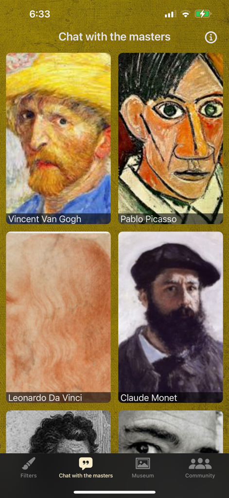 AI Impressionist Painter - Interfaz de chat con los maestros mostrando retratos de Van Gogh y Picasso