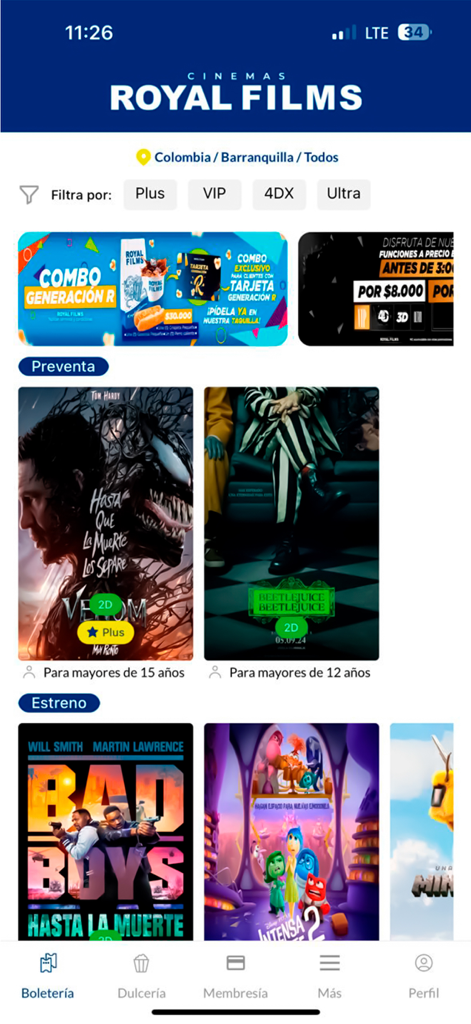 Cinemas Royal Films - 영화 포스터와 티켓 예매 옵션을 보여주는 시네마스 로열 필름의 모바일 앱 인터페이스