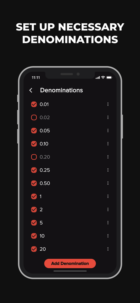 Pantalla de la aplicación móvil para seleccionar y agregar denominaciones de efectivo personalizadas en modo oscuro