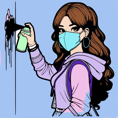 realistic girl with mask spray painting a wall