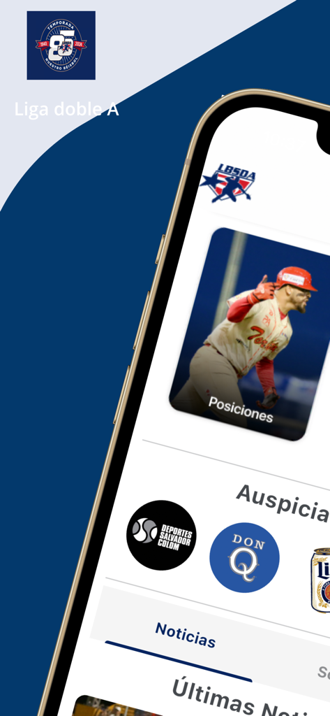 Liga Doble A - Interfaz de la aplicación oficial de béisbol Liga Doble A mostrando secciones de noticias y tablas de posiciones