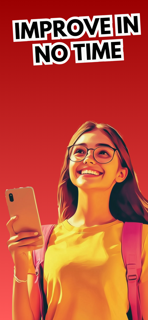 Math Master Arithmetic Algebra - Una estudiante sonriente con gafas y mochila sosteniendo un smartphone con el texto Mejora en Poco Tiempo