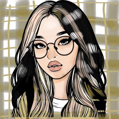 realistic korean girl with long hair, glasses and big lips