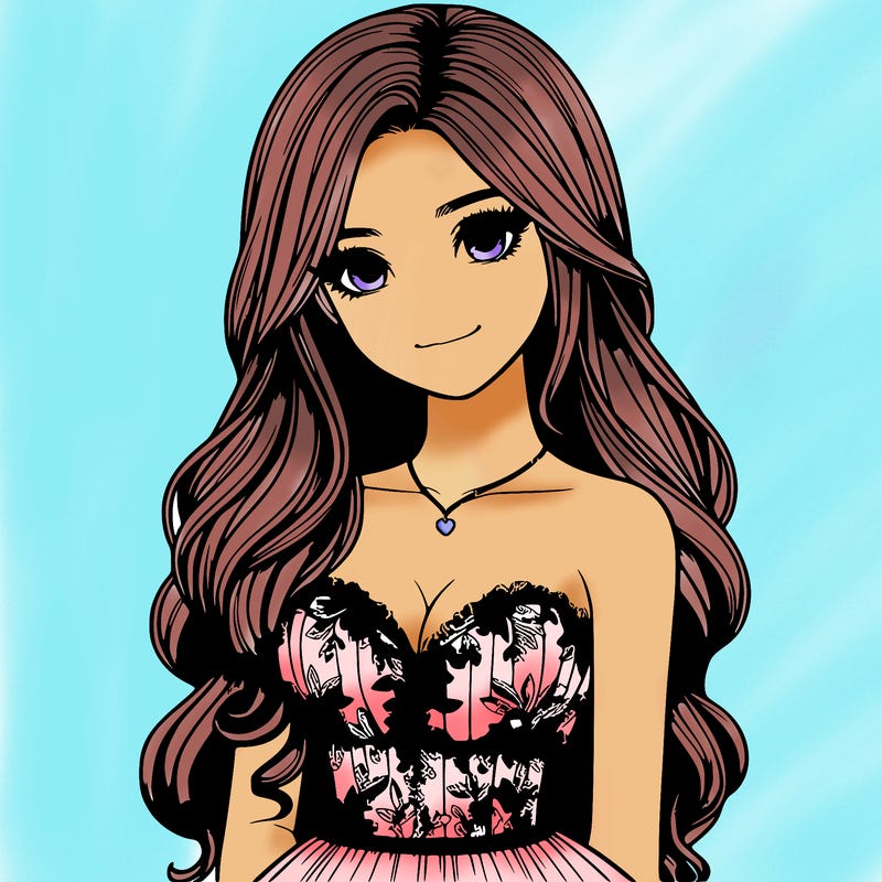 realistic girl with long hair and pretty prom dress