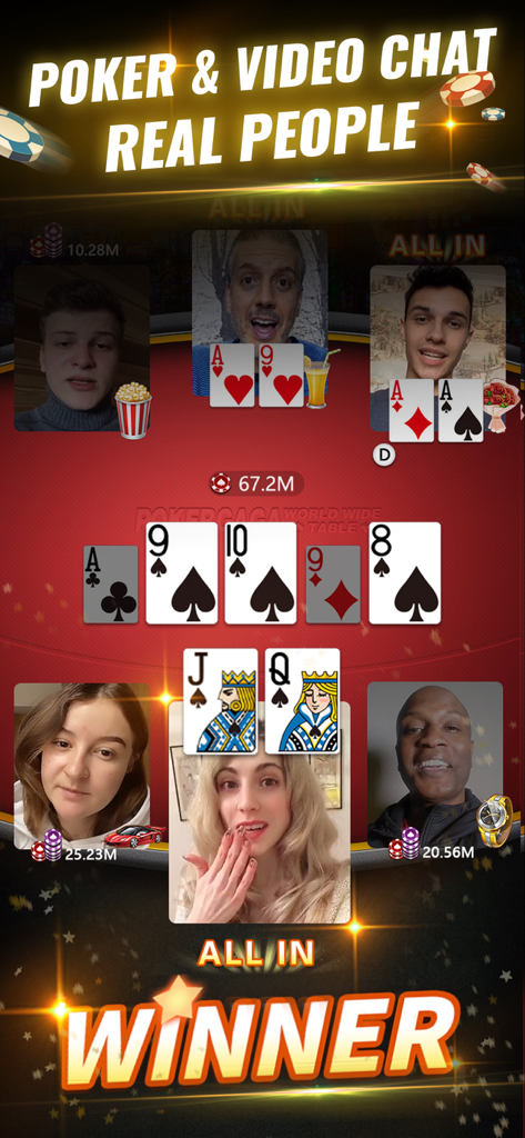 Live video chat Texas Holdem poker game with multiple players on PokerGaga app.