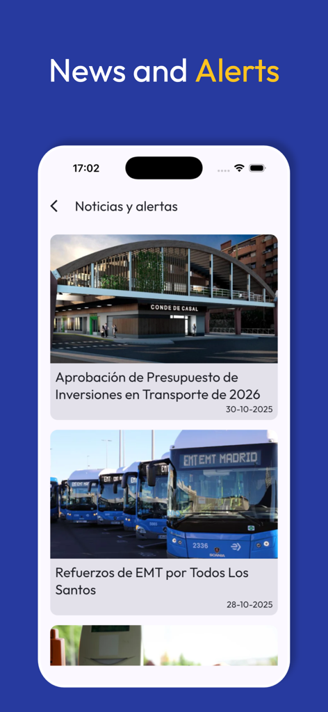 Madrid Metro Bus Cercanias - Pantalla de la aplicación de transporte de Madrid mostrando las últimas noticias y alertas de servicio.