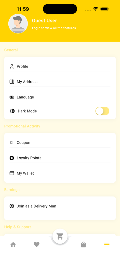 User profile and settings screen of the Halal Food App displaying account options and loyalty rewards