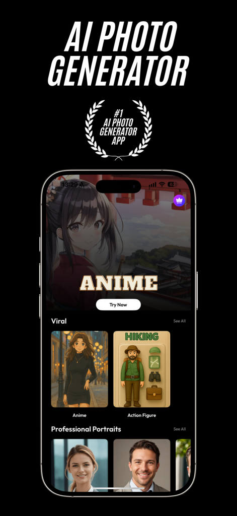AI Photo Generator  - AURA 18 - Pantalla de smartphone mostrando la app Generador de Fotos IA AURA 18 con estilos de retratos de anime y profesionales