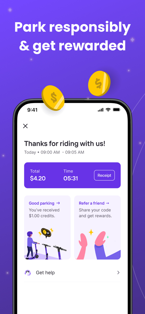 Beam - Escooter Sharing - Beamアプリのインターフェース。良い駐車と友達紹介に対する報酬を示すトリップサマリーを表示