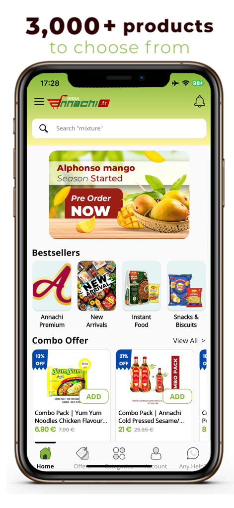 Annachi - Annachi app home screen with a banner for alphonso mangoes and sections for bestsellers and combo offers