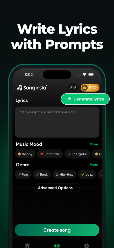 Interface of the SongInsta app showing the AI lyrics generation screen with music mood and genre options