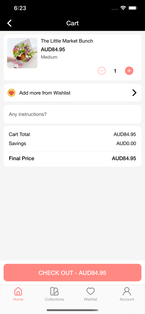 The Little Market Bunch - Tela de checkout do aplicativo The Little Market Bunch mostrando um buquê de flores no carrinho