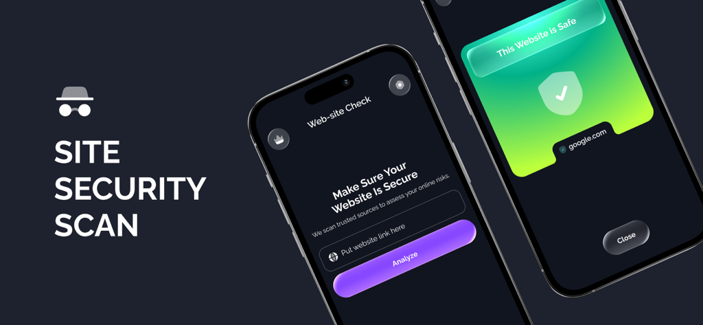 Interface do aplicativo móvel BlitzShield mostrando um recurso de verificação de segurança de site e uma notificação de resultado seguro