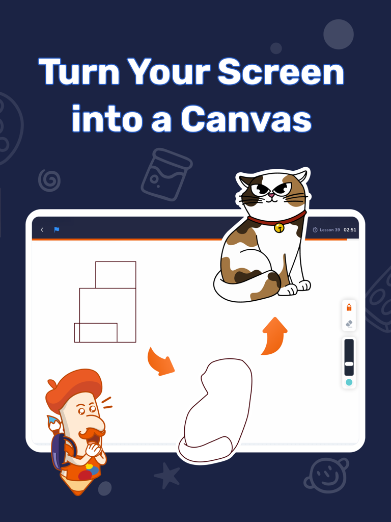 Artlexis app interface on an iPad displaying a step by step cat drawing lesson with a digital canvas